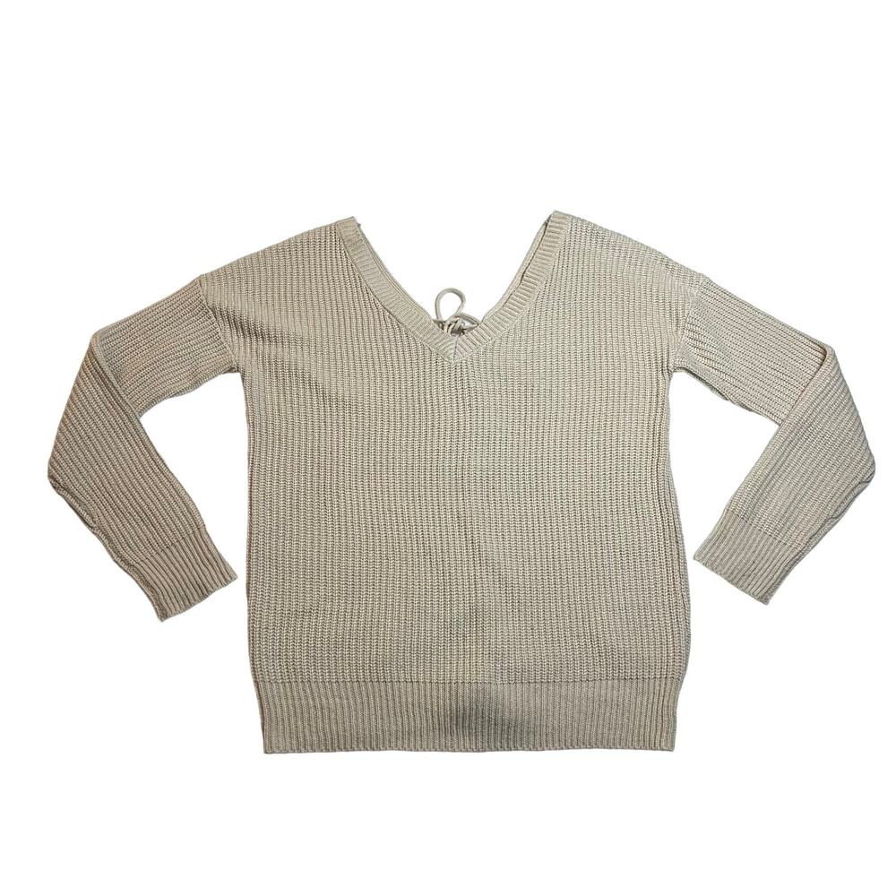 The Fashion District V-Neck Back Lace Up Sweater Size Small Neutral Casual